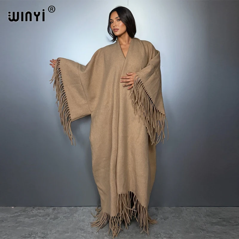WINYI Pure Colour Winter Fringed Cardigan Abaya Dubai Luxury Coat Overcoat Thick Warm Female Winter Outerwears Long Down Dress