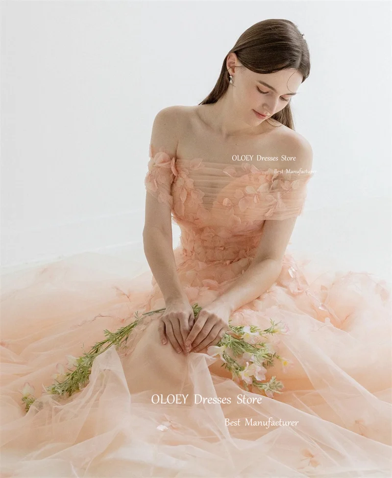 OLOEY Fairy Peach Pink Tulle Korea Lady Long Prom Dresses For Weding Photoshoot 3D Flowers Evening Gowns Wedding Photoshoot