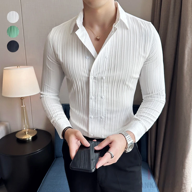 Men's Solid Color Long-Sleeved Shirt Fashionable Elegant Double-Breasted Ball Nightclub Tops Striped Lapel Shirt