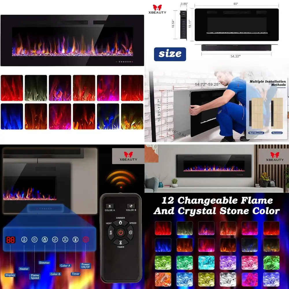 

50-Inch Electric Fireplace: In-Wall Recessed and Wall-Mounted with 1500W Heater, Timer, and Multicolor Flame Options