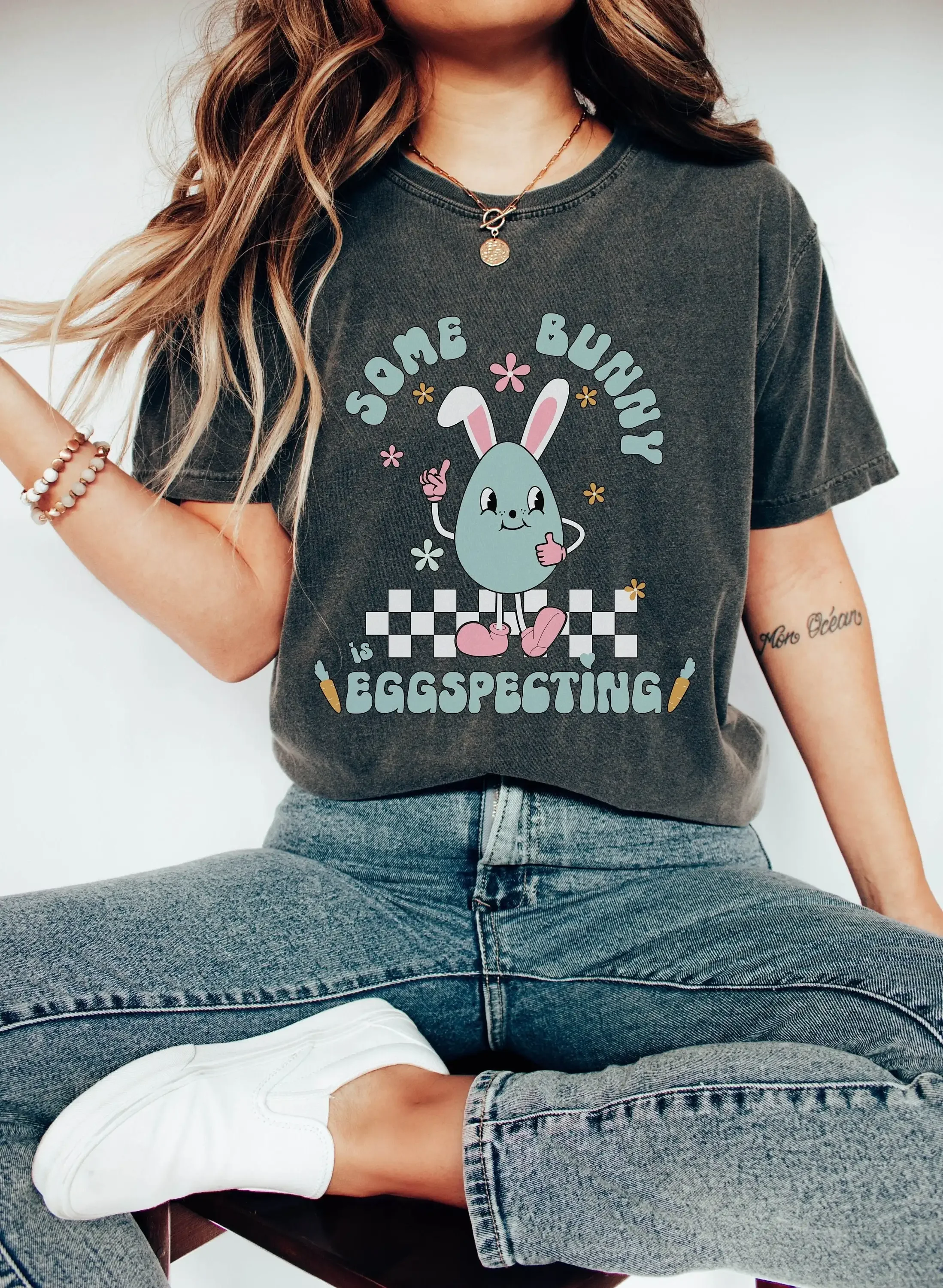 Easter Pregnancy T Shirt Baby Announcement Some Bunny is Eggspecting Reveal Retro Maternity Funny Pregnant