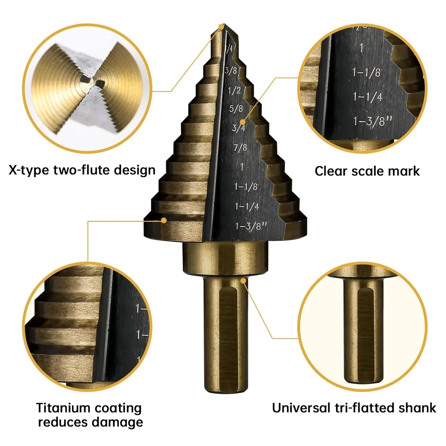 5pc British System Roasted Yellow Triangular Straight Groove Step Drill Blackened Pagoda Drill Hole Opener Aluminum Box Tool