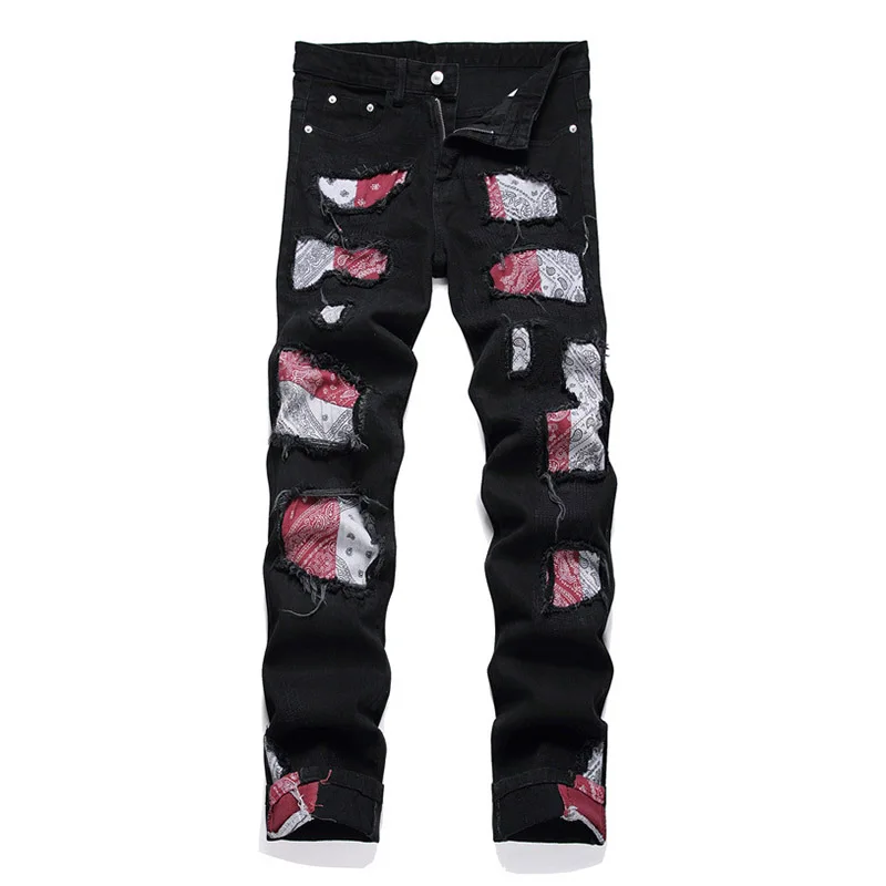 

Mcikkny Men Ripped Patchwork Casual Jeans Pants Washed Streetwear Hip Hop Denim Trousers Straight