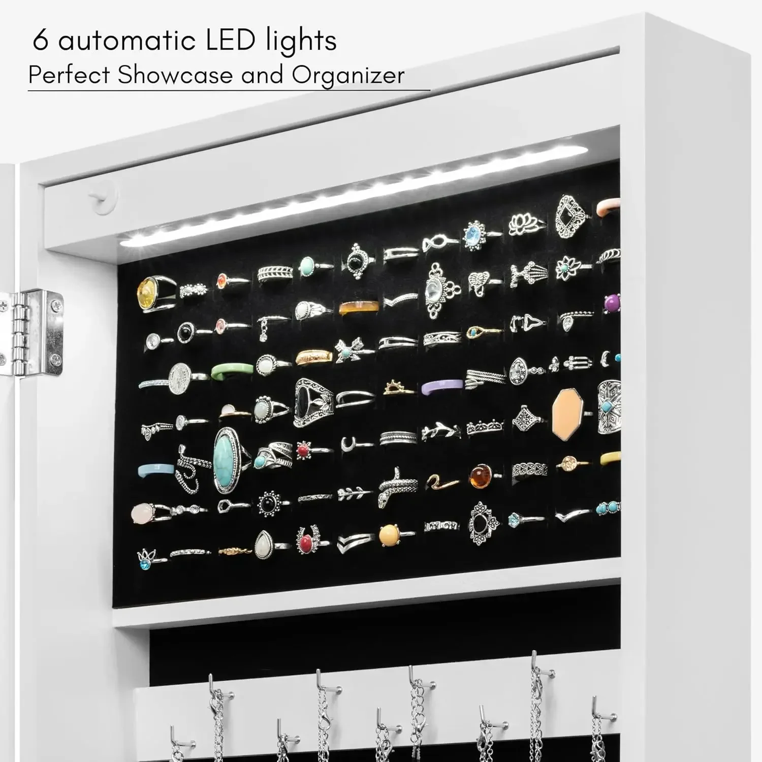 Armoire à Bijoux Lumineuse LED avec Miroir, Grand Rangement, 57 Pouces de Haut, Boîte à Colliers et Bagues, 27 Crochets, pour Bol