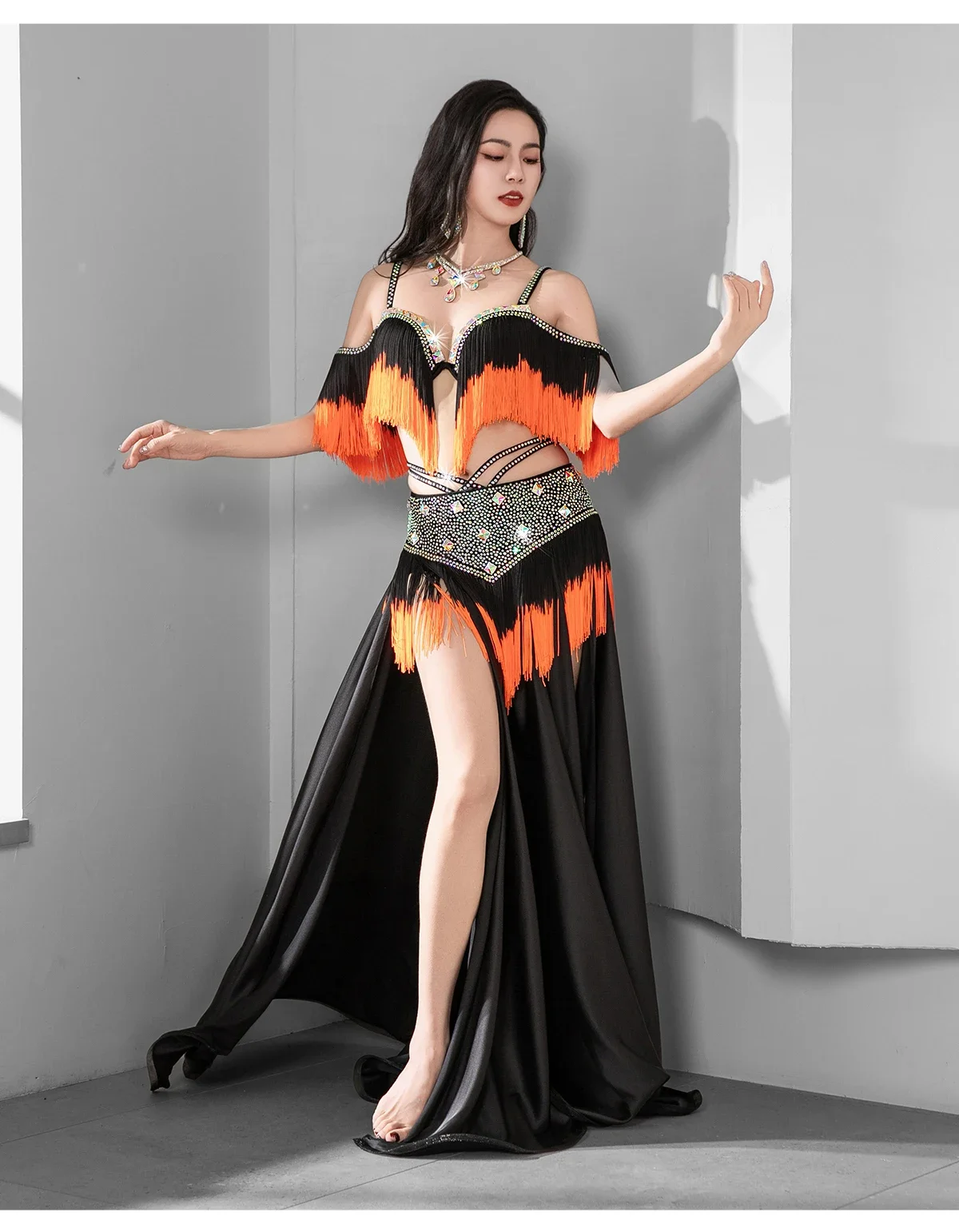 Women Oriental Dance Egyptian Belly Dance Costume Rhinestone Beaded Bra Belt Maxi Skirt Group Dance Competition Outfit Popsong