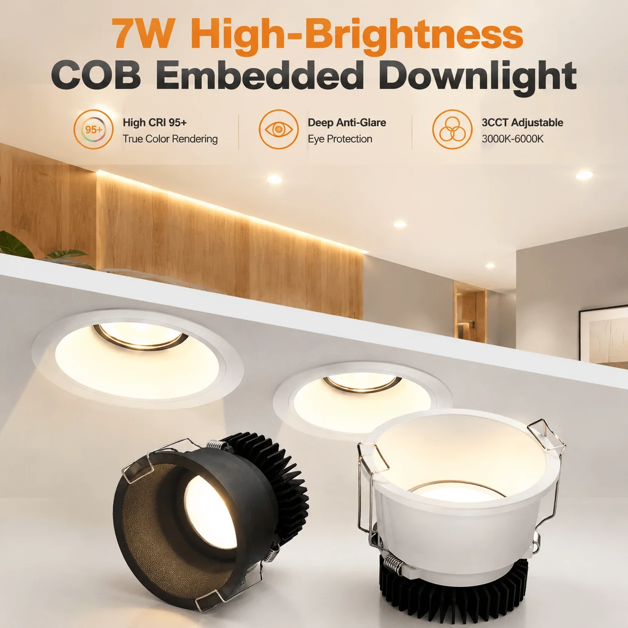 COB Downlight 7W Recessed Spotlight Anti-Glare CRI 95+ 75mm Cutout Adjustable CCT 3000K-6000K Ceiling Light Home Lighting