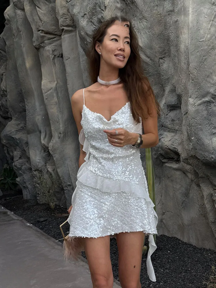 HH Estate delle Donne Nuovo Dolce Perline Decorazione Laminata Abito Corto Moda Femminile Sexy Mini Senza Maniche Backless Sling Dress