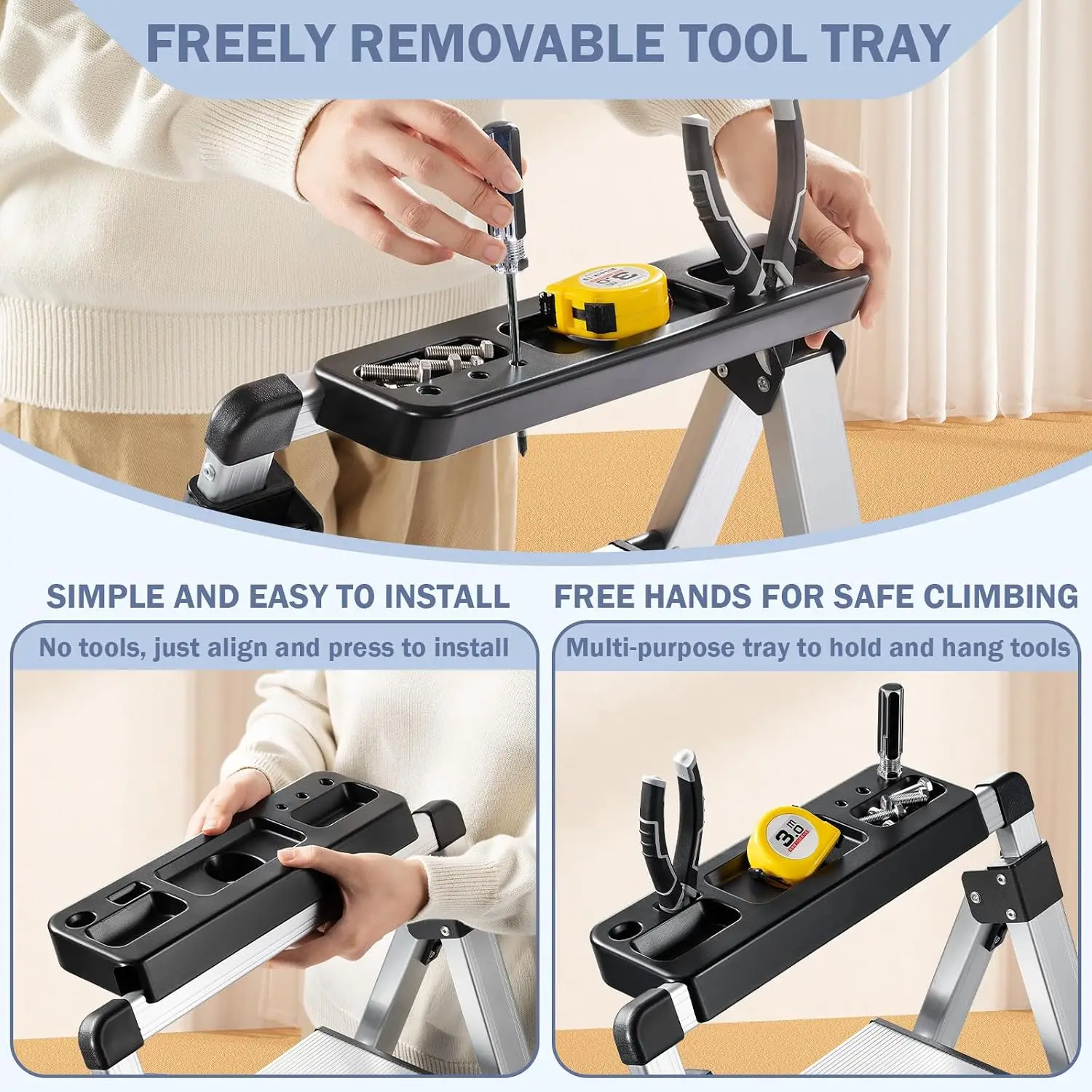 4 Step Ladder, Retractable Handgrip Folding Step Stool with Anti-Slip Wide Pedal, 330lbs Safety Ladder