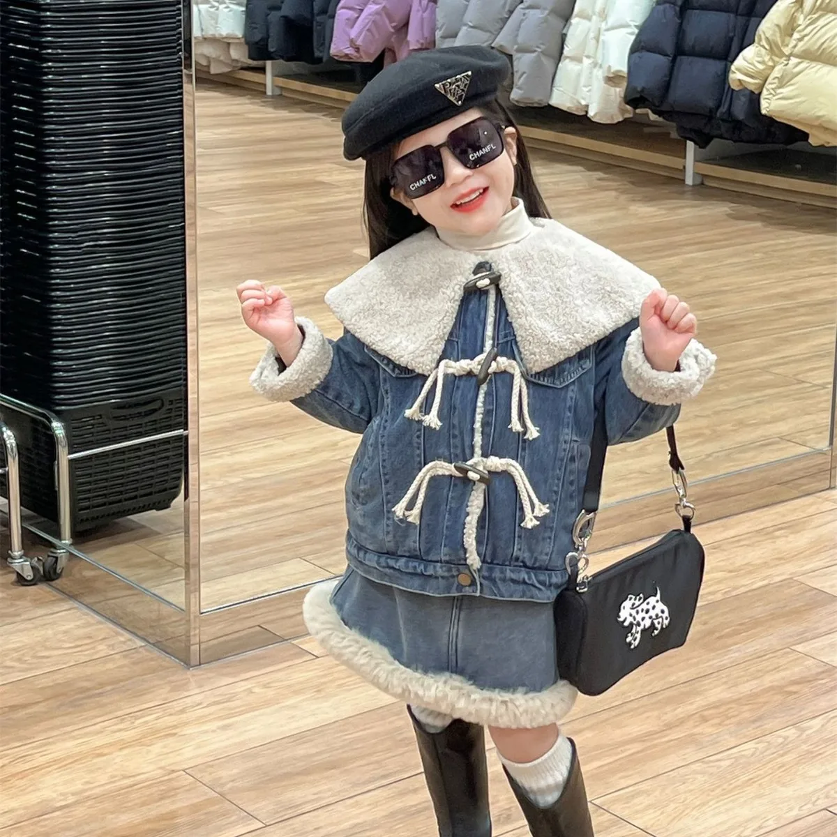 Girls Blue Suits Fleece Vintage Croissant Buckle Warm Denim Jacket Large Lapels and Skirt Two-piece Set Korean Simple Style