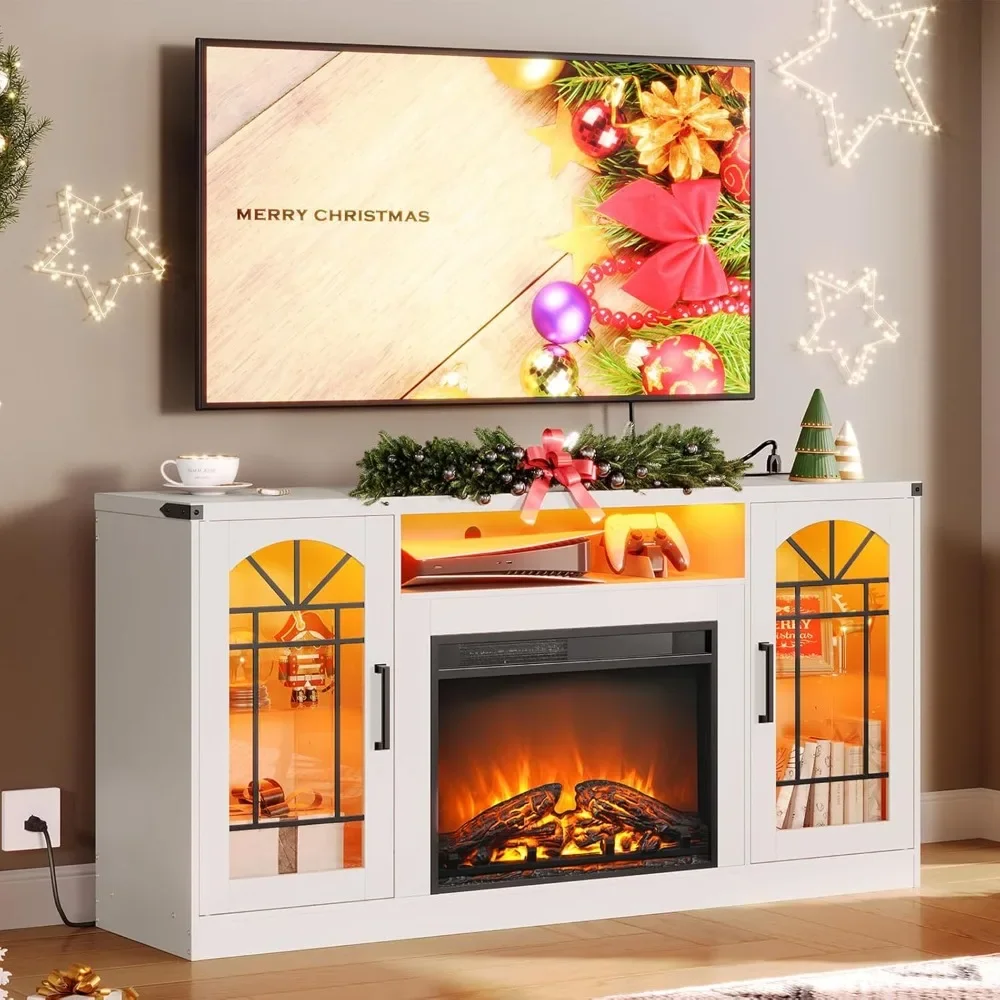 Fireplace TV Stand with Power Outlets and LED Light, Entertainment Center for 45/50/55/60/65 inch TVs, TV Stand with Fire