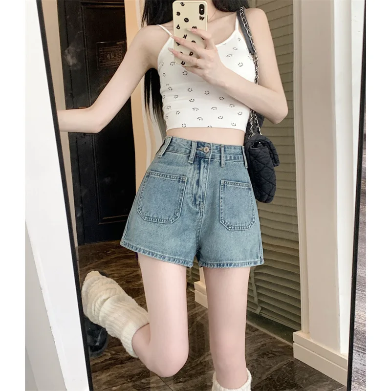 American Style Fashion High Waisted Denim Shorts Loose Retro Wide Leg A-line Hot Pants 2025 Summer New Thin Women's Shorts