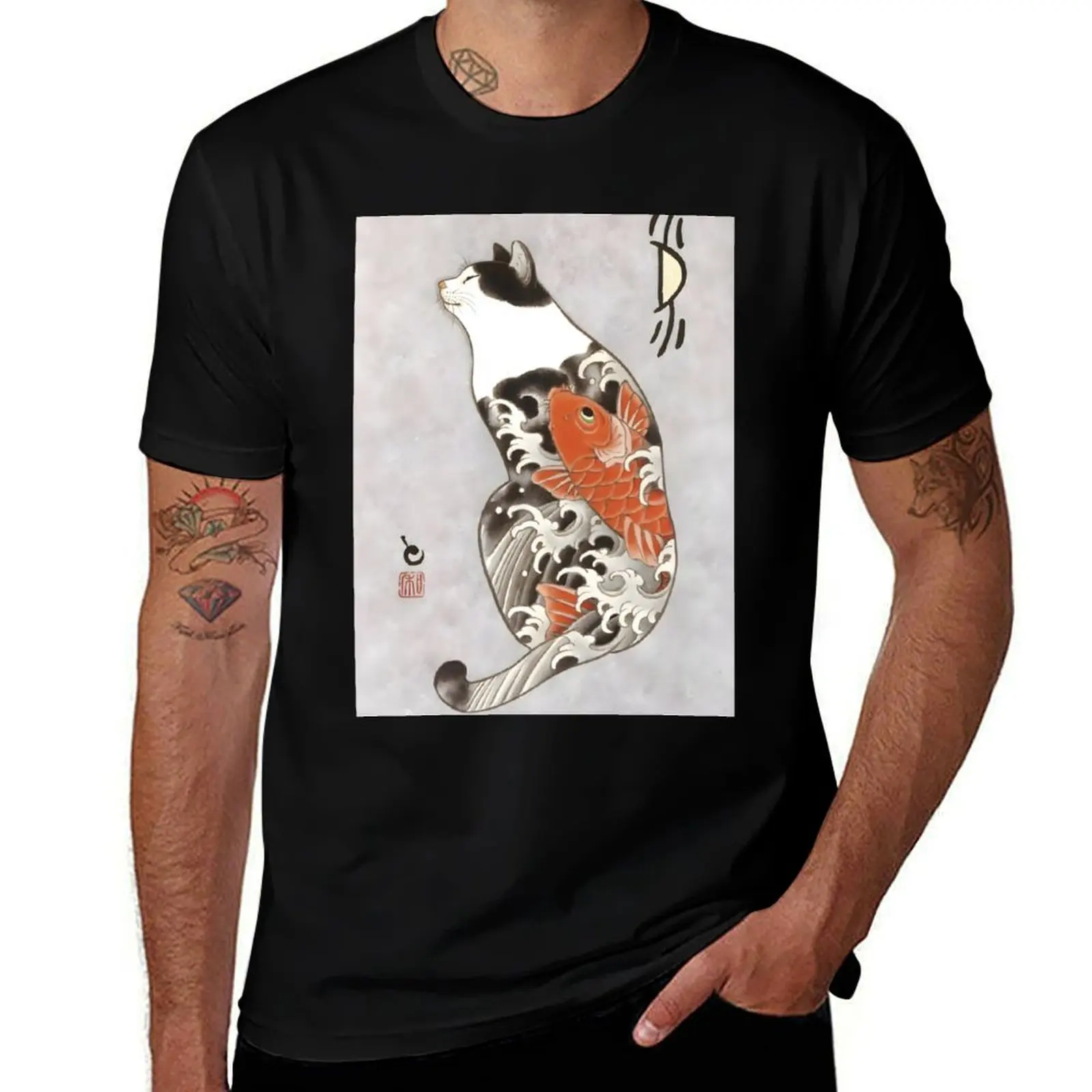 Ukiyo e Cat Tattoo Red Carp T-Shirt Plus Size Non-Shrink T-Shirt