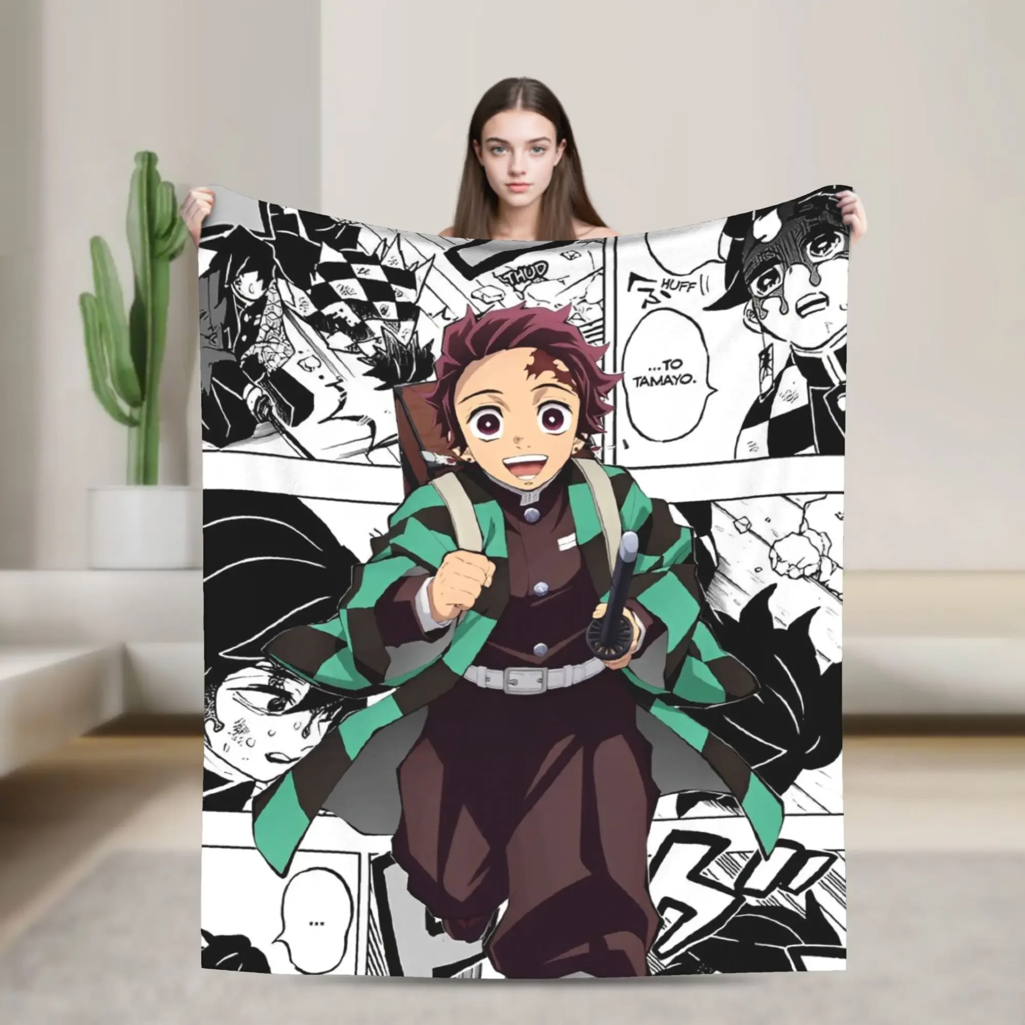 Tanjiro Kamado Anime Flannel Throw Blanket Kimetsu No Yaiba Couch Bedspread Lightweight Printed Home Textile