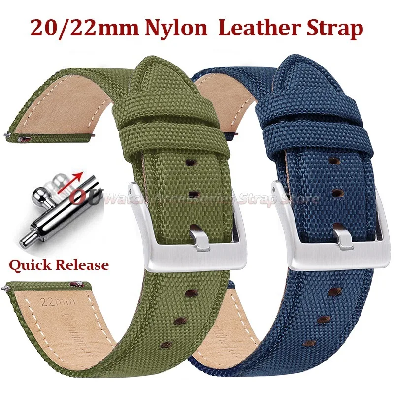 Correa de cuero y lona de nailon de 20mm y 22mm para Swatch, Samsung, Huawei, liberación rápida, siete colores, correa de reloj deportiva suave para hombre y mujer