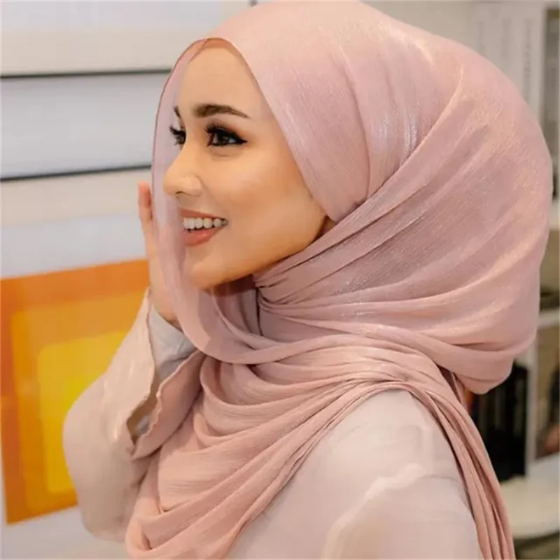 Women Plain Silk Satin Hijab Scarf Different Sides Bark Wrinkles Solid Color Long Shawl Muslim Women Smooth Silk Like Underscarf