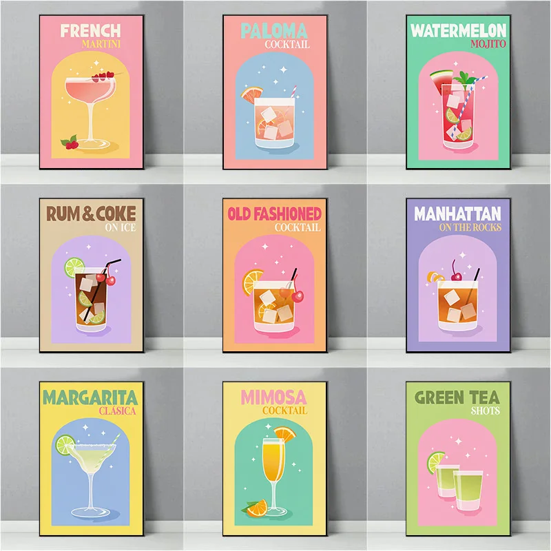 (No frame)French Martini Green Tea Man hattan Margarita Colorful Cocktail Poster Print Wall Art Pictures Canvas Painting Room
