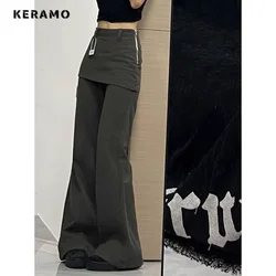 Harajuku Patchwork High Waist Flared Jeans Female Retro Green Y2K Pants Hight Street Women's Vintage Solid Color Denim Trouser