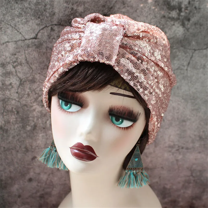 French Retro Sequins Turban Cap for Women Fashion Ladies Headwrap Bonnet Muslim Female Inner Hijabs Headscarf Arab India Hats