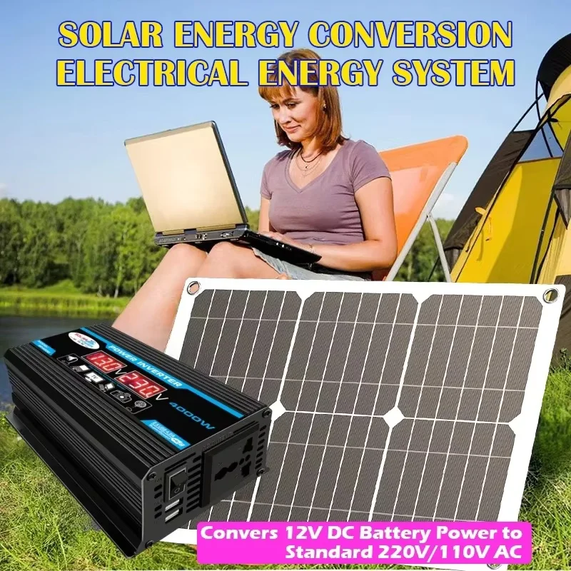 

4000W inverter with 12V 100A controller, 110V/220V off grid solar system, outdoor/camping solar panel complete power kit charger
