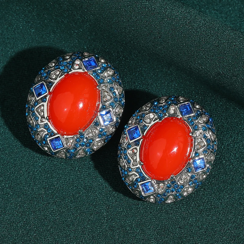 

Vintage Oval Red Agate Stud Earrings Blue And White Crystal Beads Inlaid Designer Jewelry Antique Silver Plated Retro Luxury