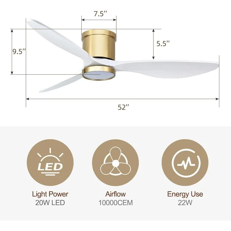 Ventilatori da soffitto intelligenti in legno massello da 52 pollici con telecomando per luci, ventilatore da soffitto moderno a basso profilo a 3 pale in oro bianco