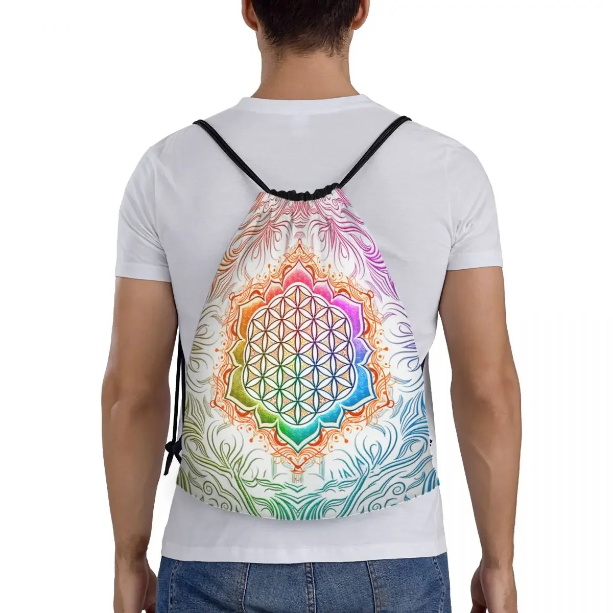 Saco de cordão personalizado para homens e mulheres, leve, sagrado, geometria, mandala, flor da vida, lótus, esportes, armazenamento de ginástica