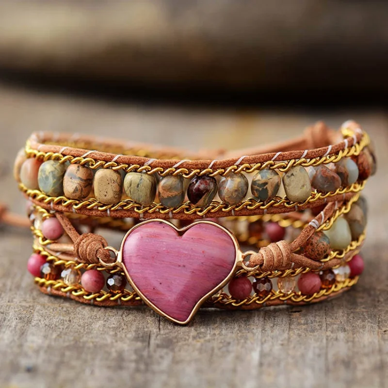 Stone Bead Triple Layers Natural Stone Beads Bracelets Rhodonite Love Heart Charm Bohemian Healing Bracelet for Women