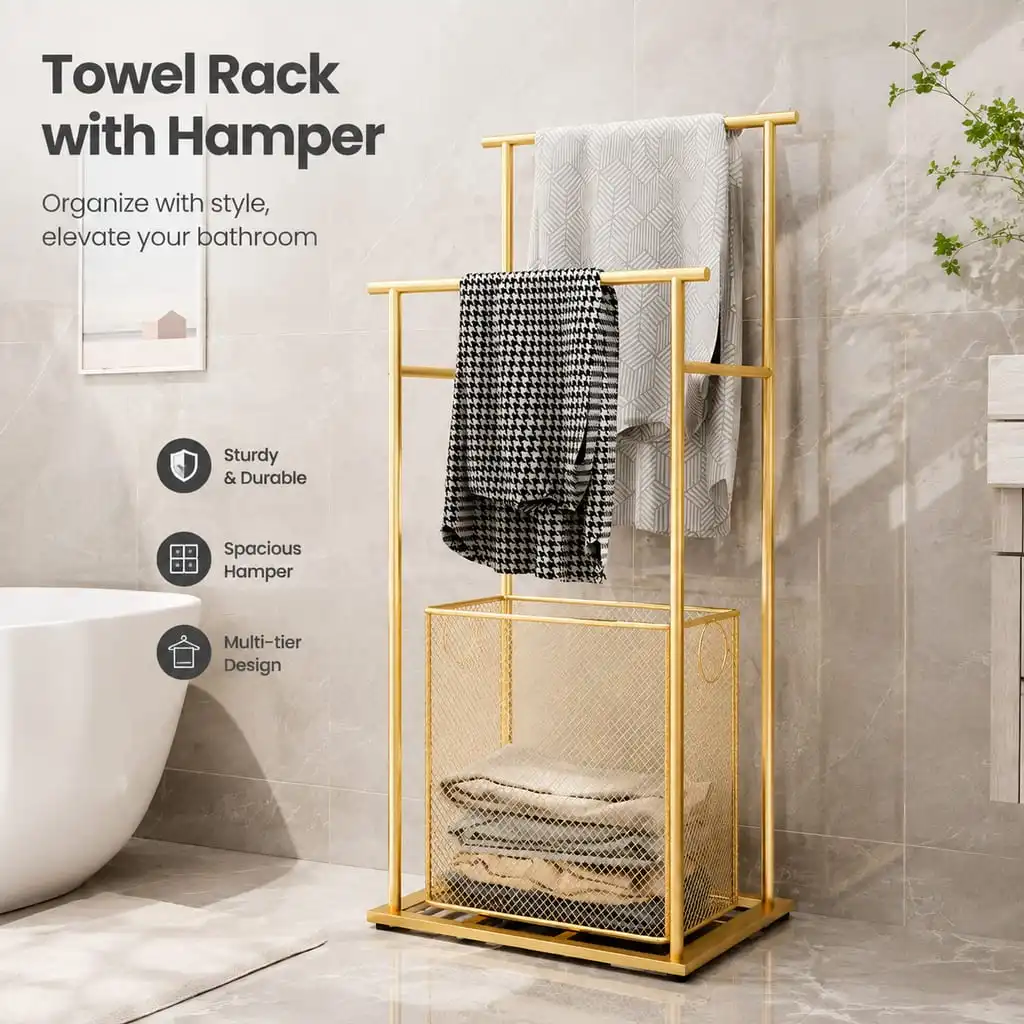 Mobile Rust-Proof Iron Towel Rack and Laundry Cart with Wheels – Floor-Standing Bathroom Storage Organizer