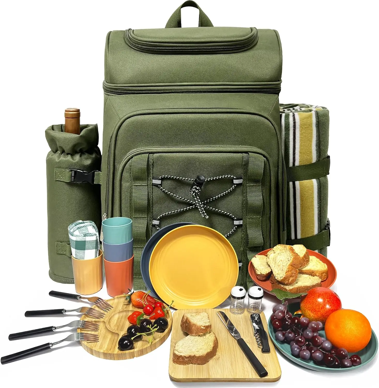 Picnic Basket Backpack for 4 Person with Blanket, Insulated Leakproof Cooler Compartment, Wine Holder, Cutlery Set, Green – Engagement Gifts for Couples, White Elephant Gift Ideas