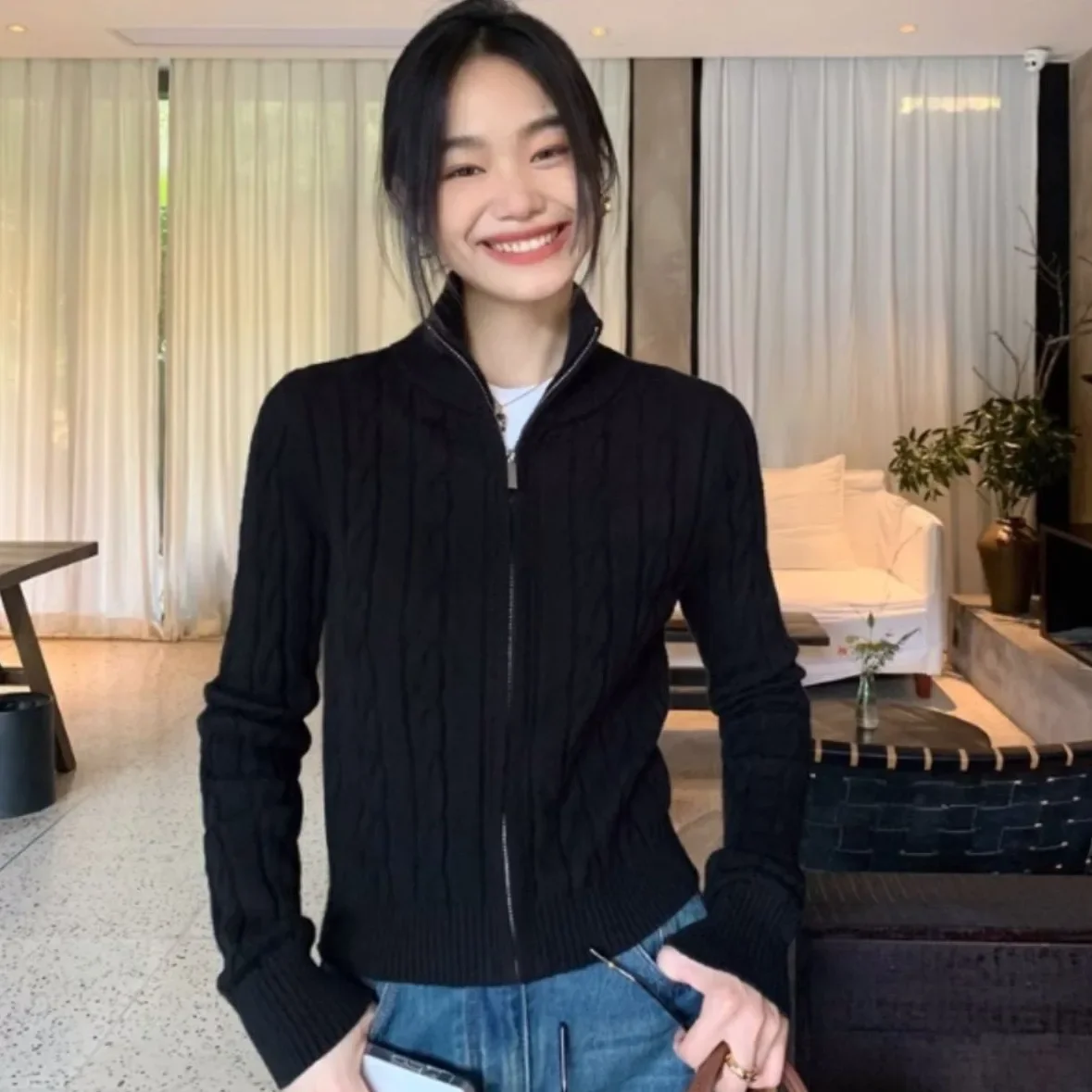 رمادي الملتوية البريدي عالية الياقة سترة سترة المرأة الخريف الشتاء ضئيلة قصيرة محبوك سترة مياو نمط أعلى بولو طوق أكمام #3