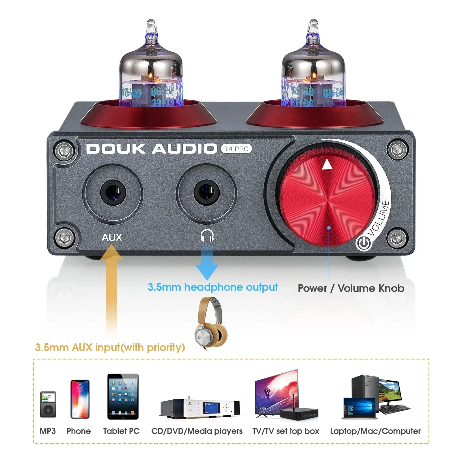 Douk Audio Mini JAN5654 Valve Tube Phono Stage Preamp Headpone Amp HiFi Stereo Audio Preamp for Phone/Turntable/MP3