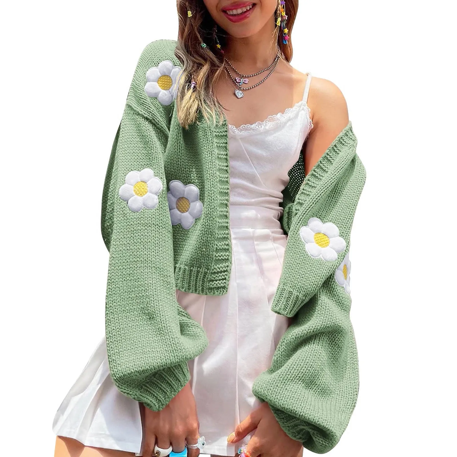 Autumn Knitted Cardigan Flower Embroidery Women Sweater Flower Sweater Cardigan Lantern Sleeve Fashion Jumper Coats Outerwear