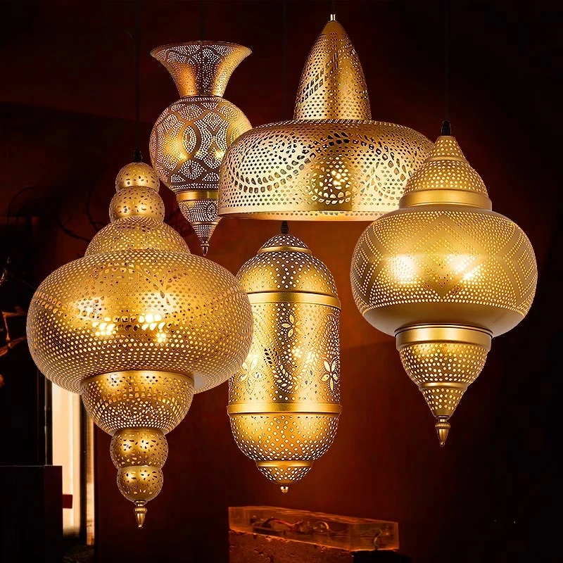 

Подвесные светильники в стиле Саудовской Аравии, роскошный золотой блеск, светильники для домашнего декора, полые подвесные светильники с резьбой, освещение для ресторана, кафе