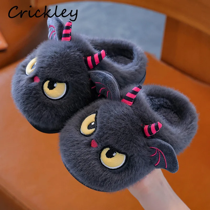 Cartoon Devil Children Slippers Winter Halloween Monster Slippers For Boys Girls Plush Warm Soft Sole Kids Home Shoes