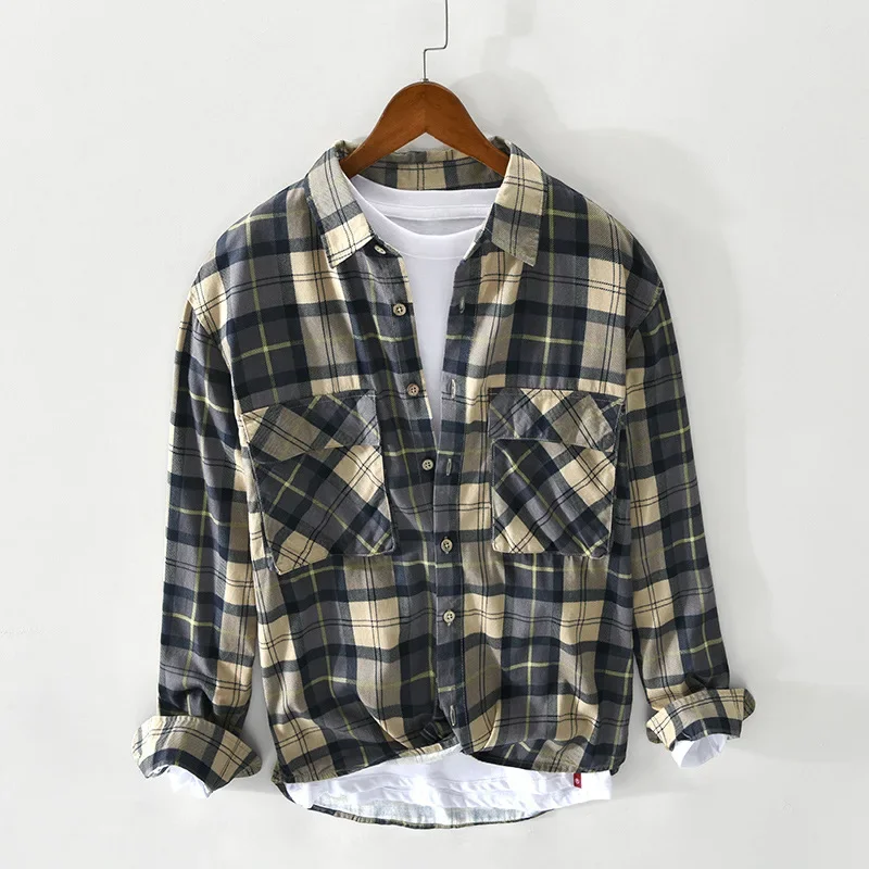 

Spring Fall Plaid Shirt Men Daily Casual Long Sleeve Shirts Man Double Pockets Pure Cotton Tops Japanese Vintage Mens Clothing