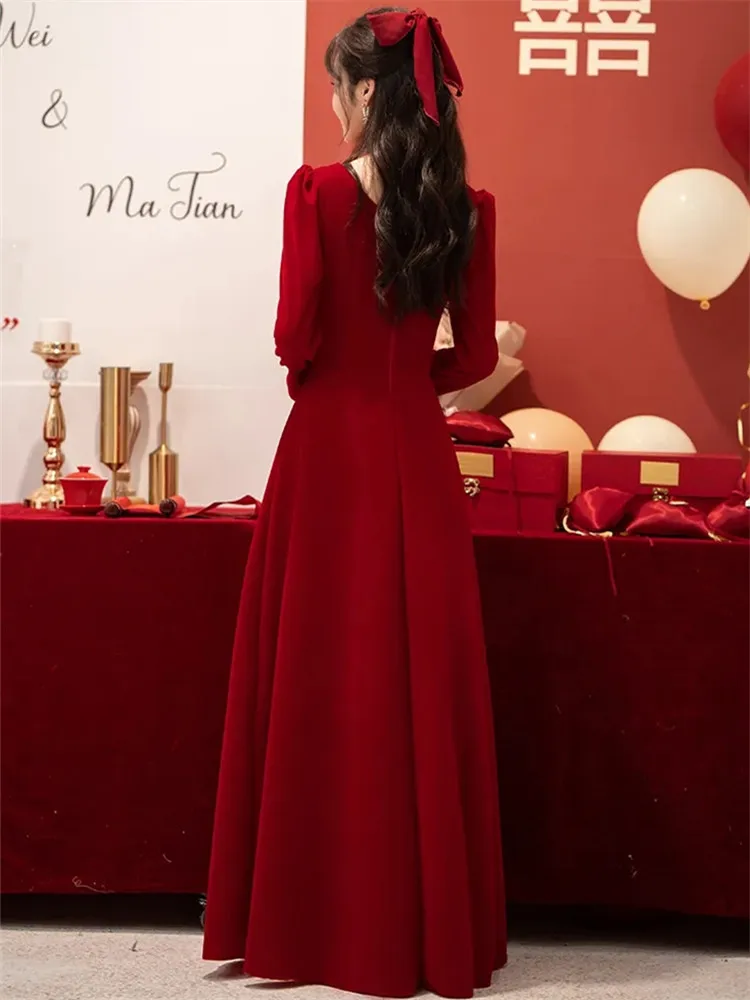 Red Dress Women's Clothing Autumn New Solid Color Square Collar Diamond Embellished Long A-line Skirt Fashion Evening Gown M388