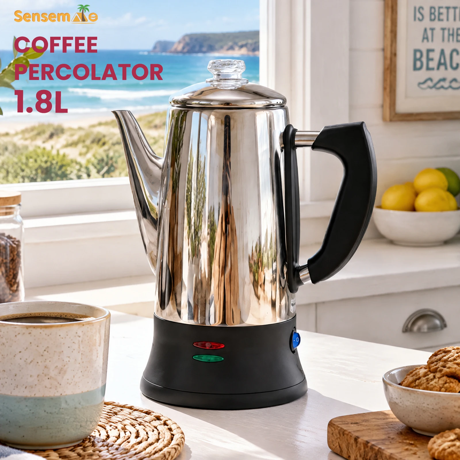 Electric Coffee Percolator 1.8L 12 Cup Stainless Steel with Keep Warm Function Fast Brew Coffee Maker for Home Office Camping