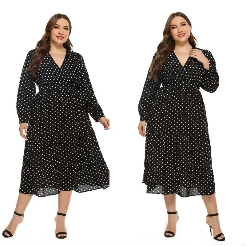 

L38E Elegant Wedding Bridemaid Long Dress Women Long Sleeve Dot Print Lady Dress