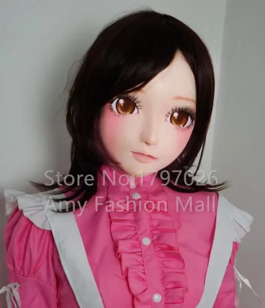 Handmade Silicone Lovely Doll Mask Half Head Kigurumi Cosplay Masks with Brown Eyes/Wig