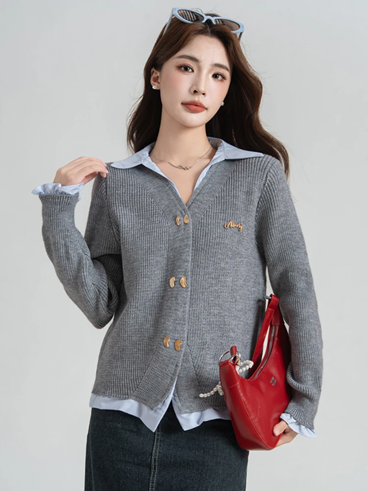 

Вязаный кардиган College Sle для женщин: осенне-зимний свитер-жакет с новым цветовым блоком, универсальный топ с эффектом двухслойности