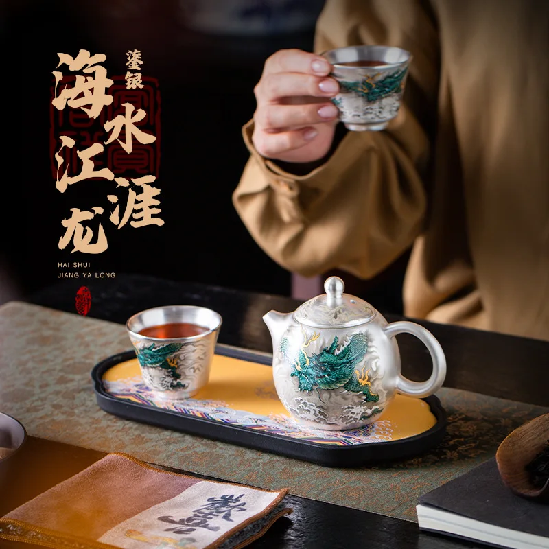 

Painting on silver Qinglong lver one pot two cups gift box high-end tea set company meeting festival business gifts
