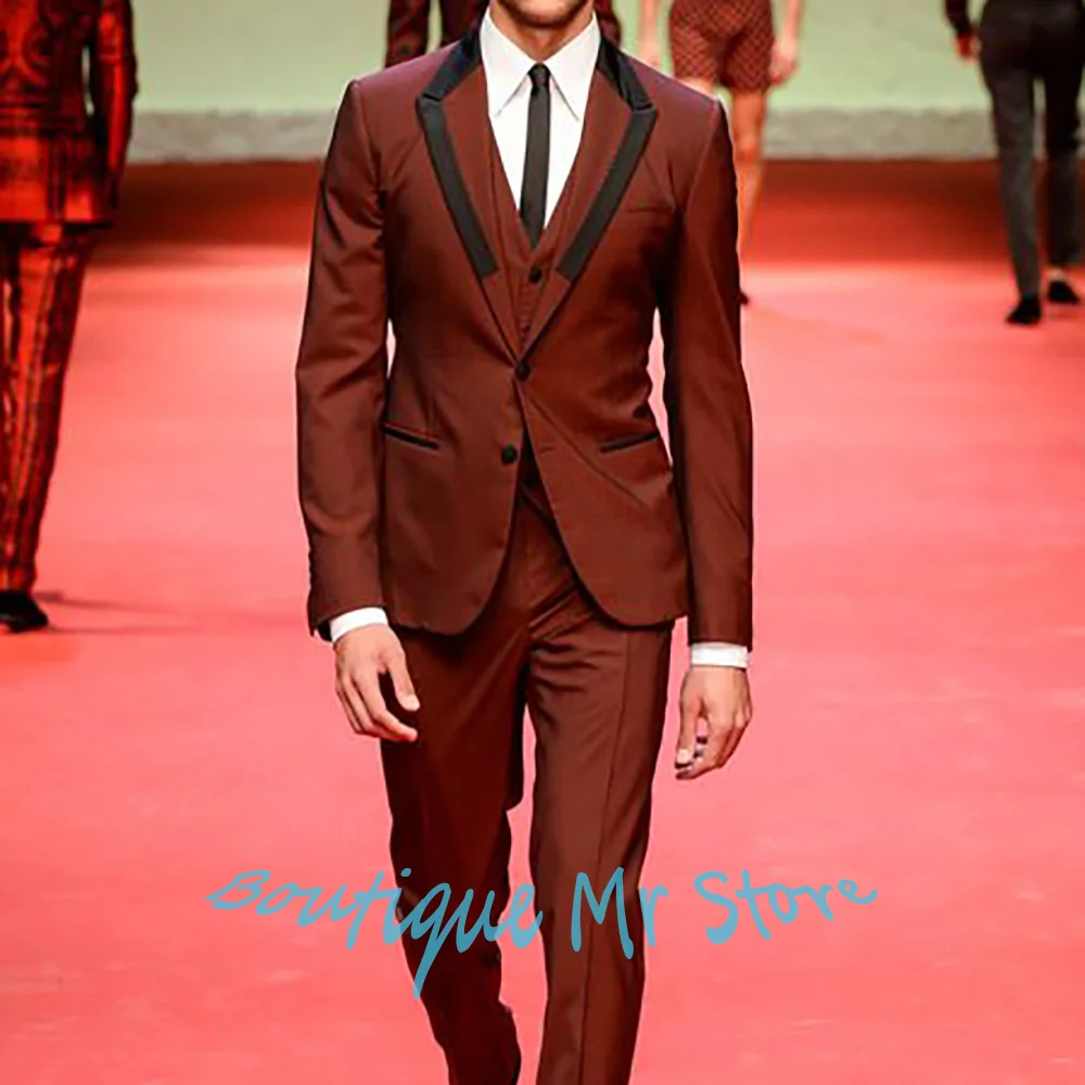

Elegant Men's Suits with Black Satin Peaked Lapel 3-Piece Set Single Breasted Blazer+Vest+Pants Wedding Groom Formal Party Wear