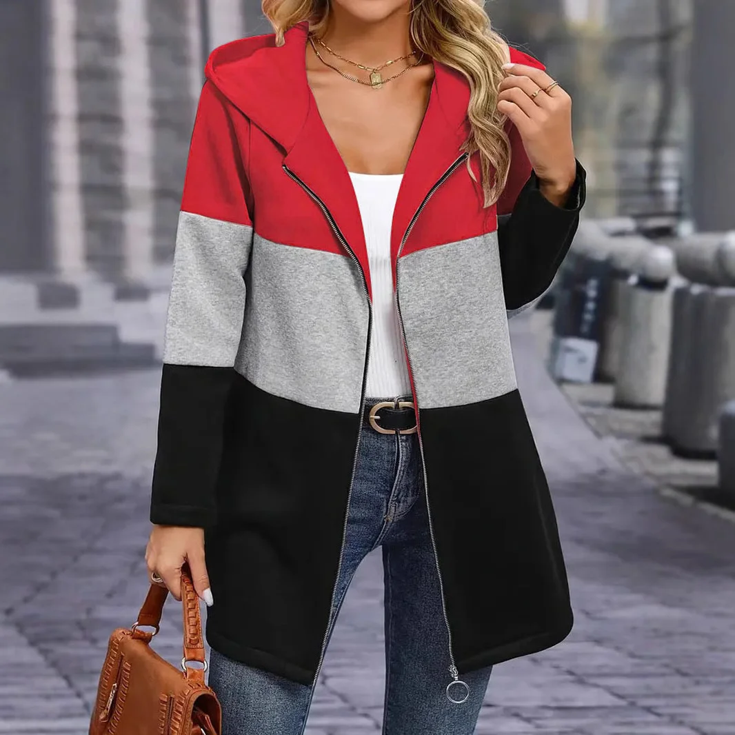 Zagros Women's Spring Fashion Loose Tri-color Contrast Splicing Hooded Zipper Casual Jacket