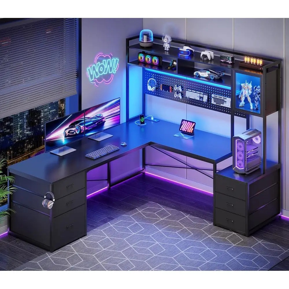 Reversible L Shaped Gaming Desk with 6 Ders, Hutch, Led Lights | Computer Desk with ile Der, Storage Shelves or Home Oice, Gamin