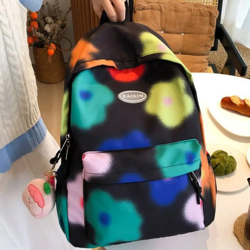 Mochila de flor de grande capacidade, estilo coreano graffiti, bolsa de ombro com pingente, bolsa escolar floal criativa colorfu para estudante