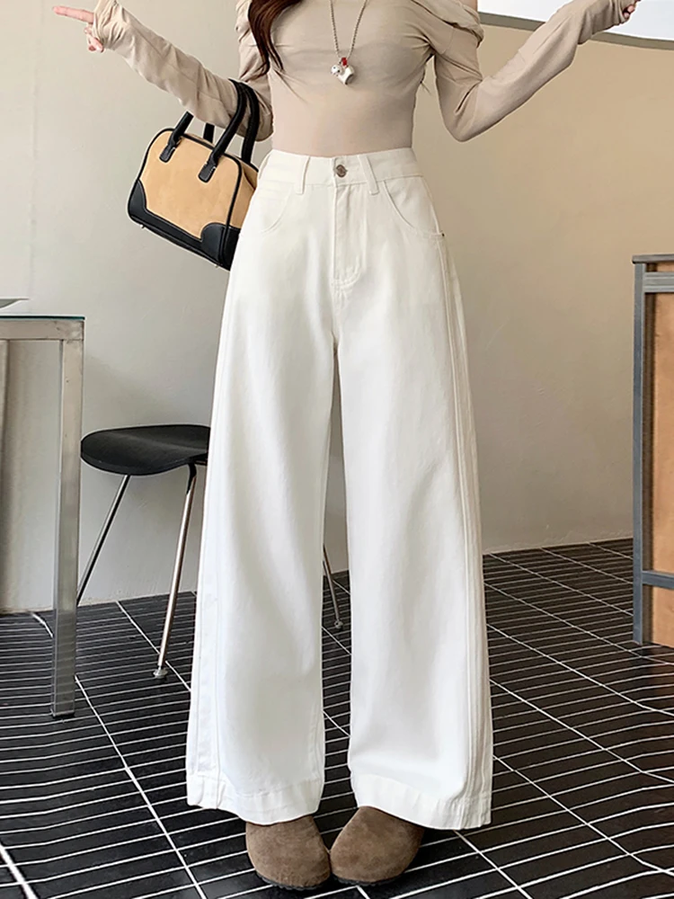 

Женские джинсы с высокой талией, широкими штанинами и прямым кроем, повседневные, весенние, модные, свободного кроя, длинные брюки, элегантные драпированные свободные джинсы