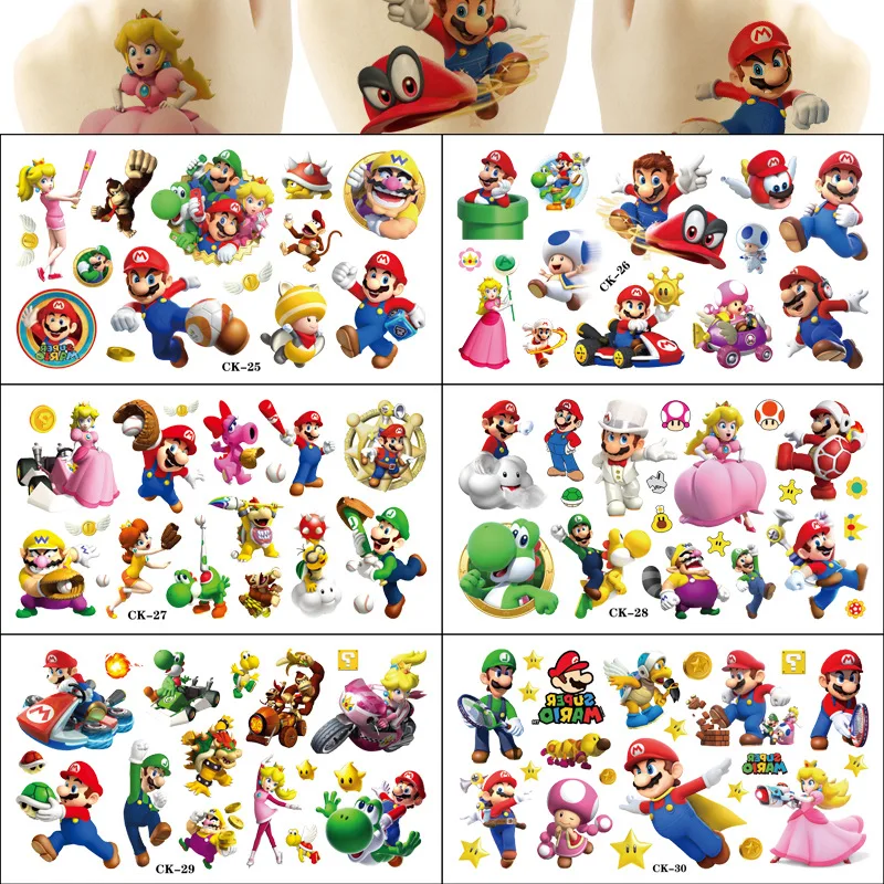 6Pcs Super Mario Tattoo Stickers Waterproof Mario Bros Sticker Funny Cartoon Kids Girls Christmas Birthday Gift Reward Toy