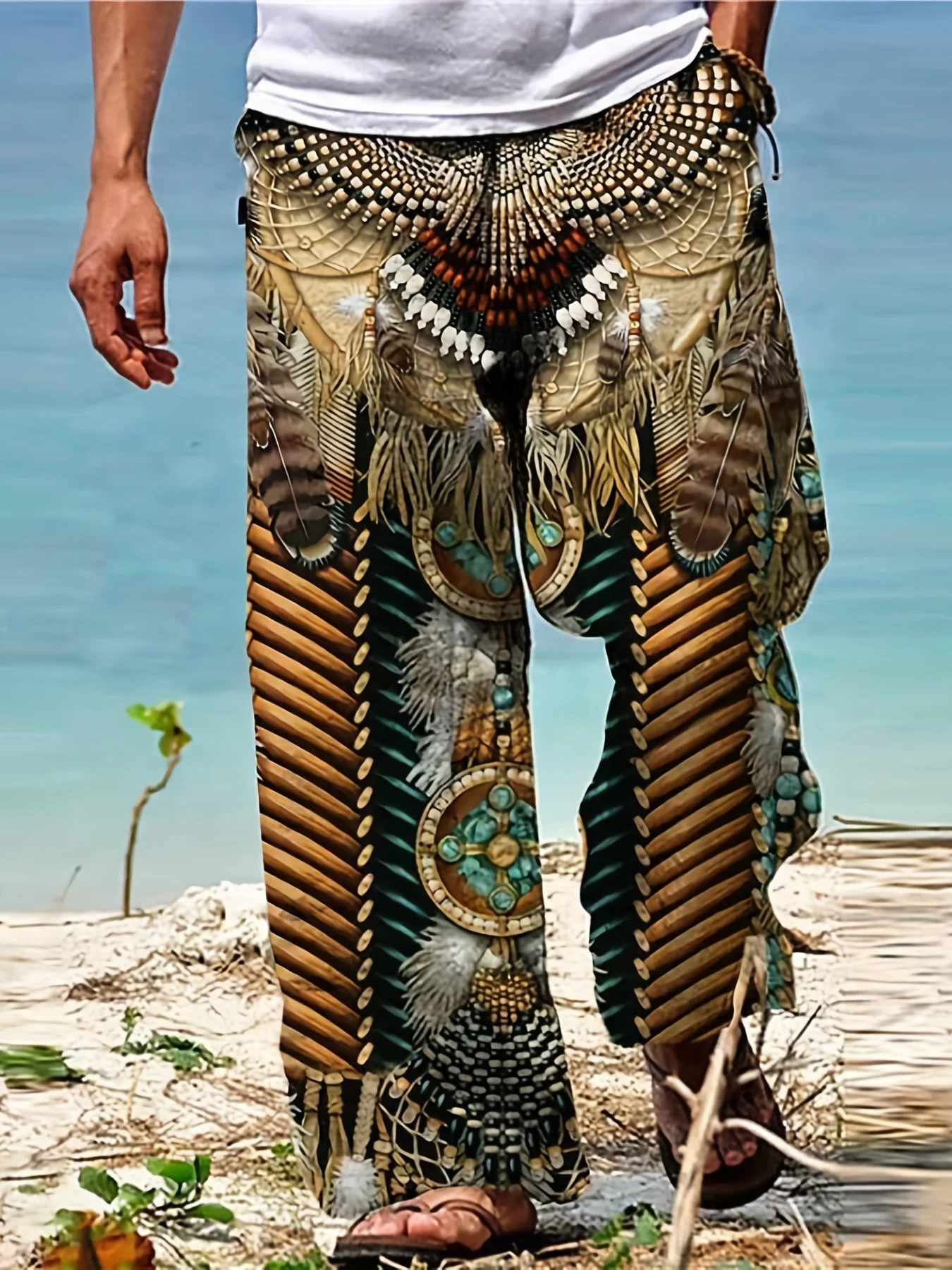 New Men's Bohemian Tribal Printed Stretch Linen Pants Breathable Blend Drawstring Lightweight Pants With Pockets Summer Joggers