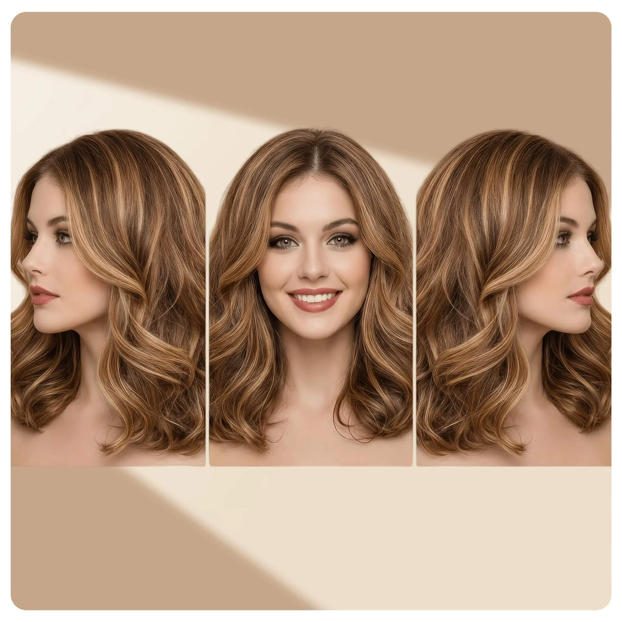 Summer New Arrival. 16-inch multi-layer wavy wig with glitter and golden brown highlights, perfect for daily wear.