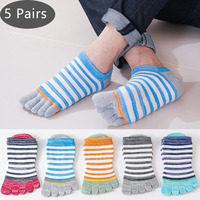 5 Pairs Men Toe Ankle Socks Combed Cotton Striped Colorful Sweat-Absorbing No Show Invisible Five Finger Socks Student Summer